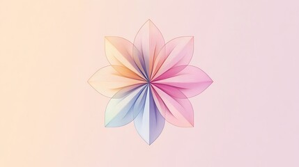 Fototapeta premium Abstract flower with delicate pink, blue, and yellow petals on a light pink background.