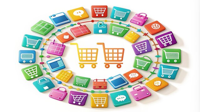 Colorful icons for online shopping including carts, credit cards, and packages, arranged in a circular formation on a white background, perfect for ecommerce design.
