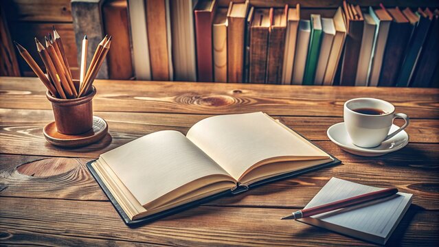 Open book with blank cover and pages lying on wooden table, surrounded by scattered pages, pencils, and coffee cup, in a cozy study atmosphere. - Powered by Adobe