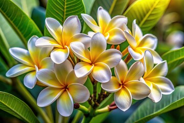 Obraz premium Delicate white plumeria rubra flowers with bright yellow centers bloom against a transparent backdrop, showcasing their intricate petals and subtle texture in perfect isolation.
