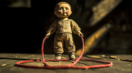 Old porcelain doll holding red jump rope in dark room