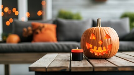 A carved pumpkin illuminates the room, while warm lights create a welcoming atmosphere filled with autumn decorations and soft cushions