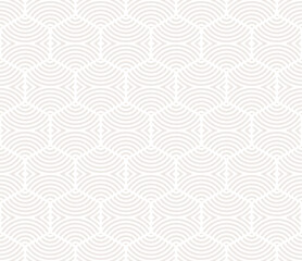 Vector abstract geometric pattern with hexagon shapes, curved lines, stripes, waves, grid. Simple minimal beige and white texture. Stylish modern minimalist background. Repeating decorative design