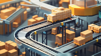  A factory with conveyor belts moving products through stages. 