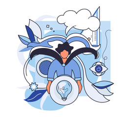 Abstract thinking. A person holds a light bulb surrounded by creative elements like leaves, eyes, and a ruler. Ideal for creativity innovation and knowledge growth artistic inspiration