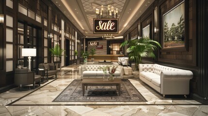 Luxury Hotel Lobby with Elegant Black Friday Sale Promotions for Spa Treatments and Room Bookings
