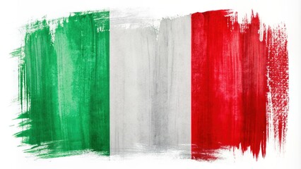 Vibrant national flag of Italy with green, white, and red vertical stripes, artistic curve stain brush stroke effect on a clean white background, symbolic and bold.