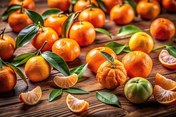 Vibrant orange tangerines and fruits scattered on a natural wood table, creating a warm and inviting still life background with a pop of citrus color.