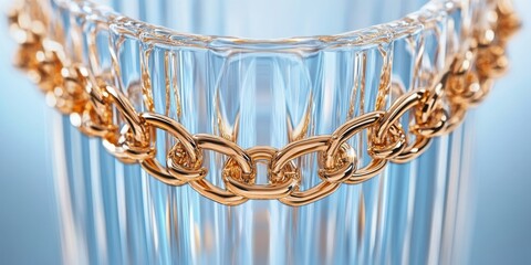 Luxury blue glass perfume bottle with gold chain decoration. Modern fashion detail, fragrance branding and cosmetic elegance concept.