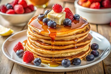 Fluffy stack of golden brown pancakes adorned with butter, fresh berries, and maple syrup, served on a crisp white plate, inviting a sweet morning start.