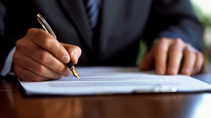A businessman in a suit sits at a desk, holding a pen and signing a contract. The image is cropped close-up and horizontal, with the man's face not visible