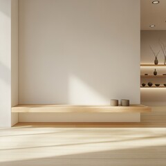 A minimalist wooden display shelf with a smooth finish, isolated in a bright, spacious retail environment with soft lighting