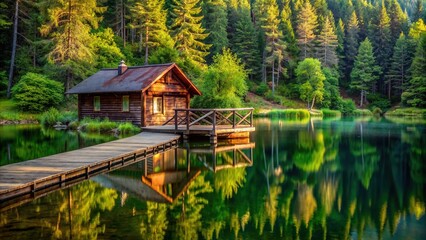 Serene wooden cabin surrounded by lush green trees, nestled near a calm lake, with a rustic wooden dock in the foreground.