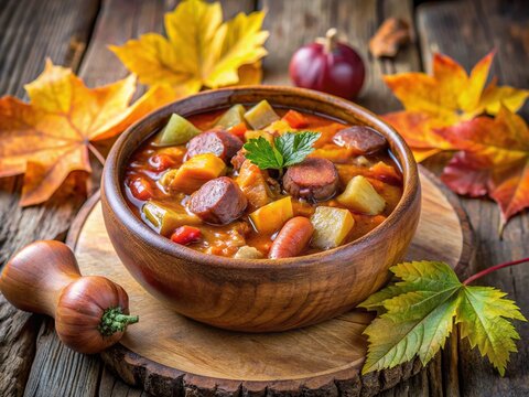 Hearty traditional Ukrainian bigus stew with juicy sausages served in a worn wooden bowl on a rustic wooden table surrounded by autumn leaves.