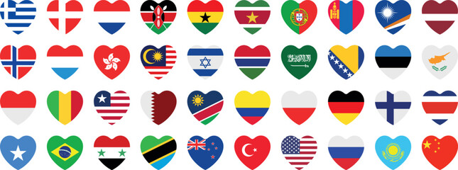 National flags in heart shape. National flags set. World flags