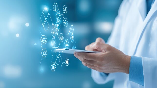 Doctor using smartphone with digital health application and blue background.