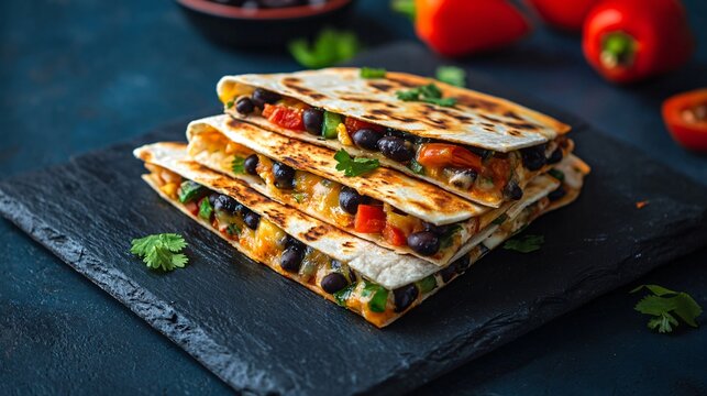 Bell pepper and black bean quesadillas, placed on a dark slate board with a bold neon red and blue background