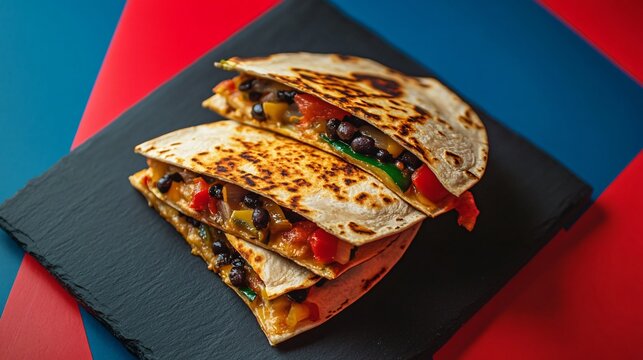 Bell pepper and black bean quesadillas, placed on a dark slate board with a bold neon red and blue background