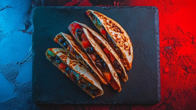 Bell pepper and black bean quesadillas, placed on a dark slate board with a bold neon red and blue background