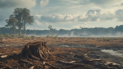 A deforested area, once a lush forest, now a desolate landscape with tree stumps and scattered branches, a stark reminder of deforestation's devastating impact. 