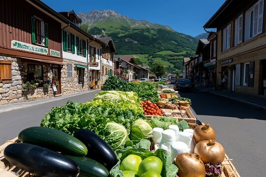 A farmerâ€™s market set up in a rural village square, where local producers sell fresh vegetables, dairy products, and handmade crafts to community members