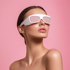 woman with flawless skin wearing protective laser hair removal goggles