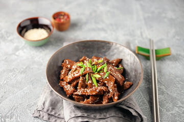 Homemade Korean Beef Bulgogi BBQ with Sesame Seeds and Green Onion
