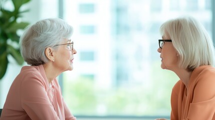 Two elderly women engaged in a deep conversation indoors.