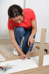 Young woman assembling a piece of furniture in her home. With screwdriver and tools in hand to follow the instruction book. Handywoman. She is a homeowner. New house, new furniture.