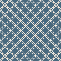 Fototapeta premium Vector seamless pattern with geometric grid, net, lattice, mesh. Stylish blue and beige texture with smooth shapes, floral silhouettes, diamonds. Ornament background. Repeated design for decor, print