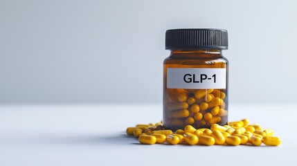 Amber bottle of GLP-1 capsules for advanced diabetes and obesity management, illustrating modern pharmaceutical intervention in metabolic health