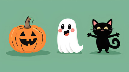 Fototapeta premium Cartoonish Halloween scene featuring a pumpkin, a ghost, and a cat