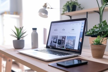 Fototapeta premium Minimalist Home Office with Laptop Displaying Black Friday Sale on Fashion E-commerce Site