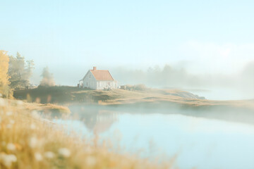 Foggy Morning Landscape with Lake and Cottage