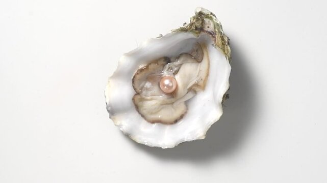 Pearl, One Natural pearl inside the oyster shell, close up, rotating over grey background. Nacre. Mother-of-pearl. Wealth concept. Top view, flat lay