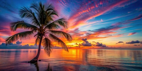 Serene silhouette of a lone palm tree against vibrant orange and pink hues of a breathtaking sunset over calm turquoise ocean waters.