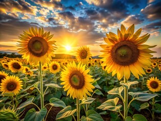 Obraz premium Vibrant sunflowers stretch towards the sky, their bright yellow petals glowing warmly as the sun sets behind them, casting a serene golden light over the landscape.