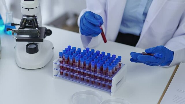Scientist wearing blue gloves collects a blood sample from a rack for medical research in a laboratory setting