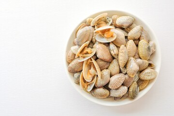 Fresh clams in white ceramic on white background	