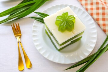 Coconut milk jelly in white plate on white background , thai dessert