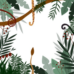 Vector jungle background with palm trees, exotic flora, tiger tail on white background