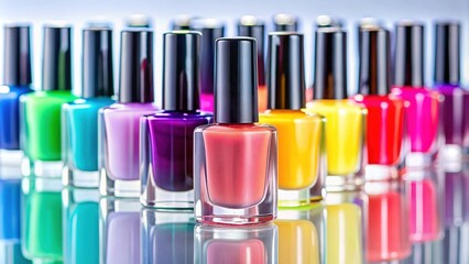 Vibrant assortment of nail polish bottles in various colors, from pastel hues to bold brights, arranged on a clean white background with blurred studio lighting.