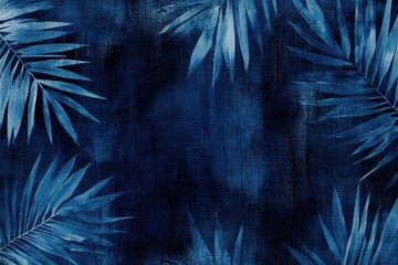 Blue brush strokes, palm leaf patterns, fabric design, dark blue background Generative AI