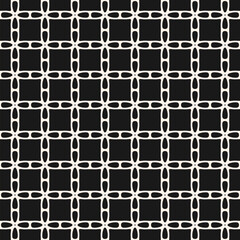Fototapeta premium Vector seamless pattern with geometric grid, net, lattice, tiles. Simple black and white texture with smooth shapes, floral silhouettes, squares. Monochrome ornament background. Repeated dark design