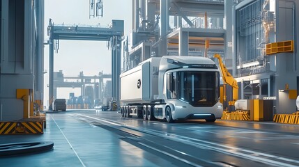Naklejka premium Futuristic electric truck delivering goods in a modern warehouse environment with advanced logistics infrastructure.
