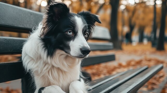 A sad-looking border collie sits on a park bench, its eyes downcast and its expression forlorn. The dog appears to be lost in thought, as if it doesn't know what to do next