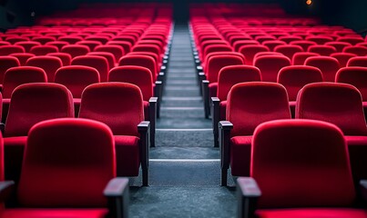 Naklejka premium rows of red theater seats in an empty auditorium