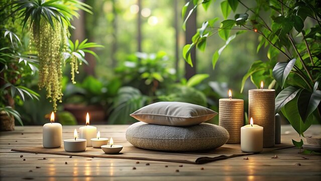 Serene still life composition featuring a meditation cushion, candles, and a nature-inspired background, evoking a sense of calmness and mindfulness in a somatic practice space.