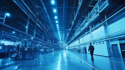 Futuristic industrial warehouse interior