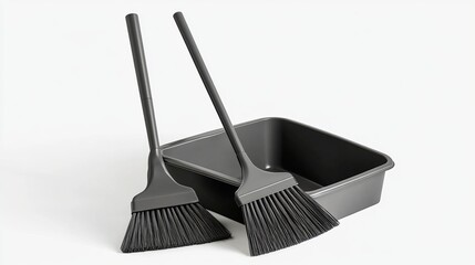 An isolated image features a grey plastic dustpan alongside a matching broom, designed for effective carpet and floor cleaning. The sleek, modern design emphasizes functionality and ease of use.